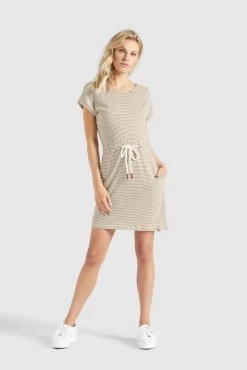 Khujo Jerseyjurken Jurk ANNEMARIE Dames Beige / Wit -Mode kledingwinkel 9d3dc3f9ca62a0f03ce6a769e00792c2